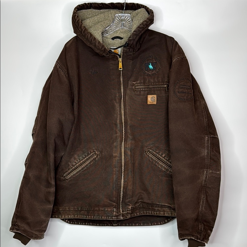 Carhartt J141 DKB Sherpa Lined Canvas Duck Brown Hooded Chore Jacket Size XL